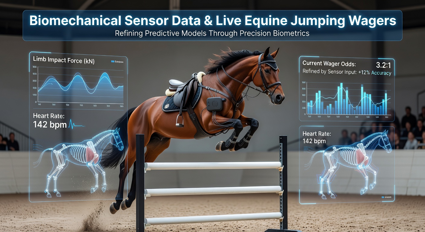 Equine athlete fitted with biomechanical sensors during a competitive jumping round, capturing stride and force metrics in real time
