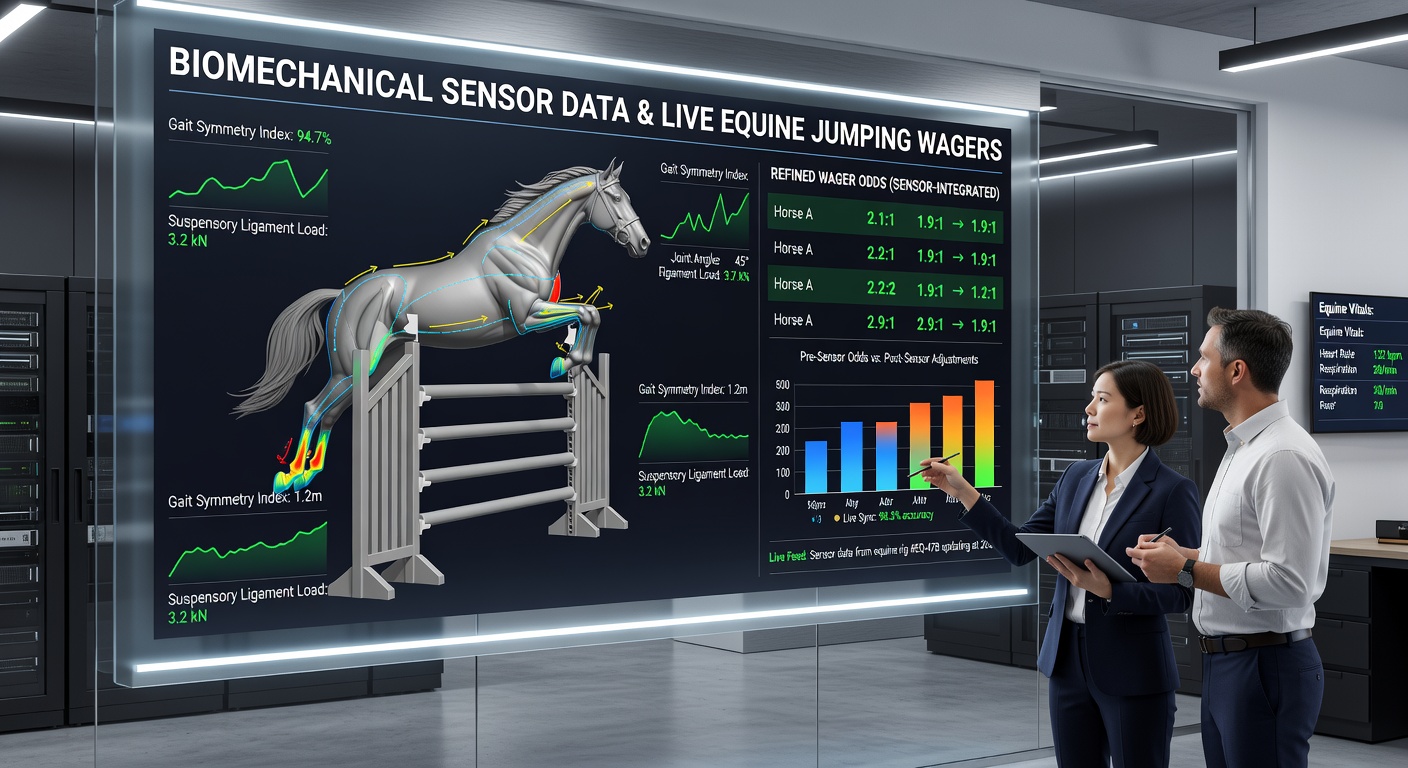 Dashboard displaying real-time biomechanical readings from multiple horses during a live jumping competition, highlighting stride and force metrics