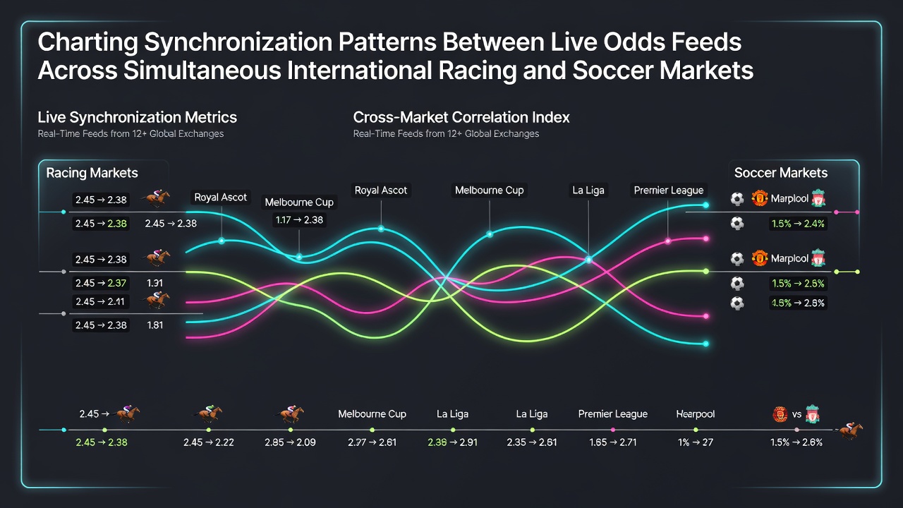 Visual representation of live odds synchronization across international racing and soccer markets showing data feeds and correlation patterns