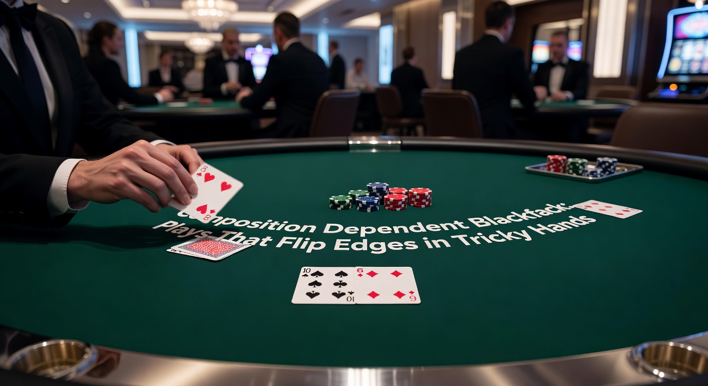 Close-up of a blackjack table showing a player's hand of 16 against a dealer's 10, highlighting specific card compositions that demand unique strategy adjustments