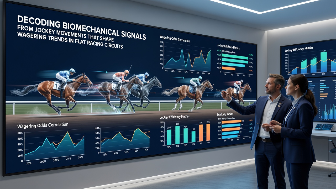 Analyst reviewing biomechanical data overlays on race footage at a flat racing facility