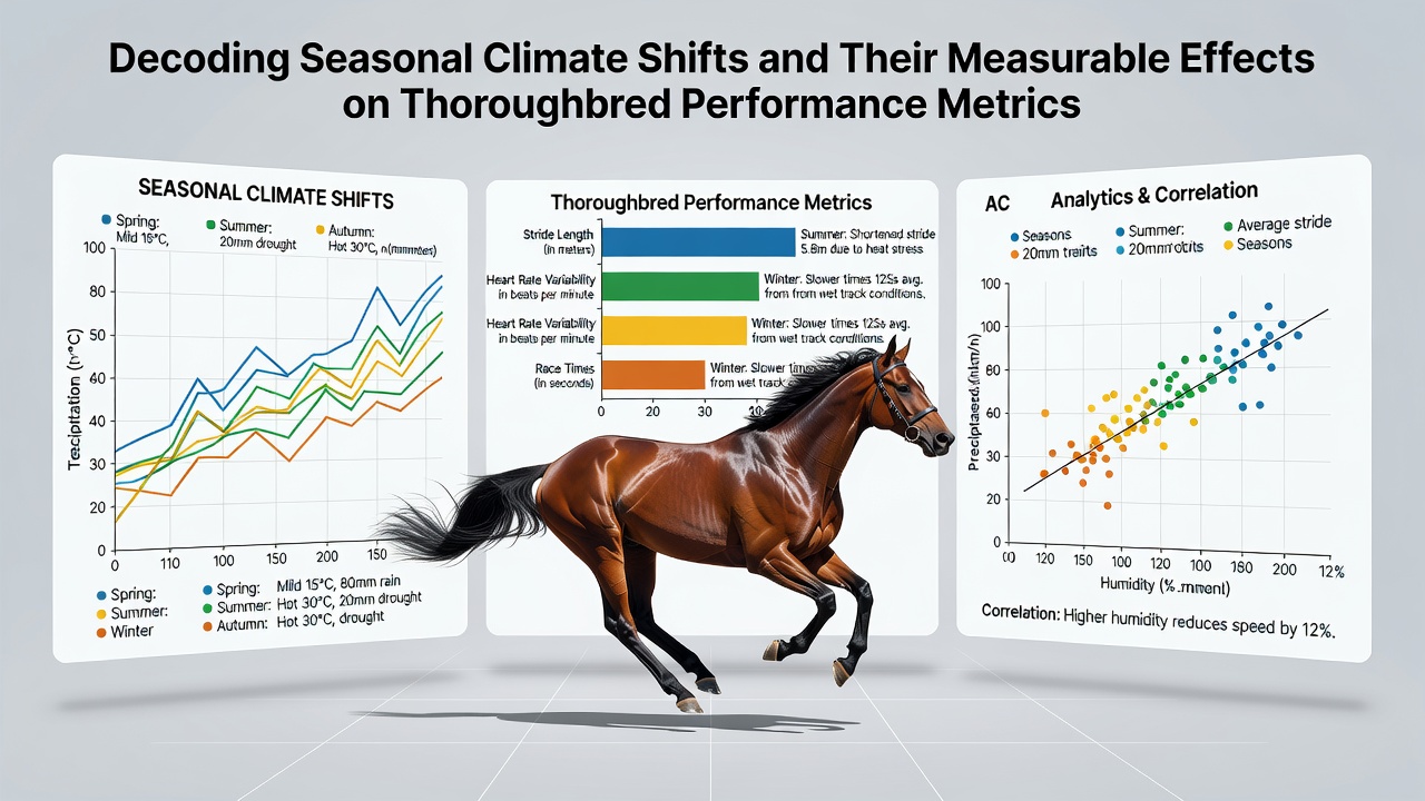 Global thoroughbred racing tracks showing seasonal weather impacts on different surfaces and performance data overlays