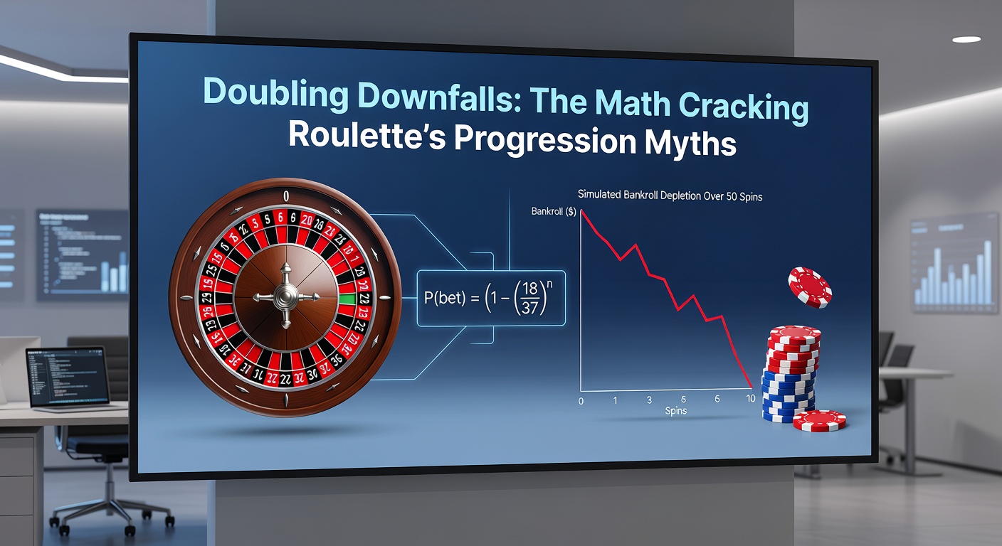 Graph charting exponential bet growth in Martingale strategy against a roulette table limit barrier, with downward equity curve