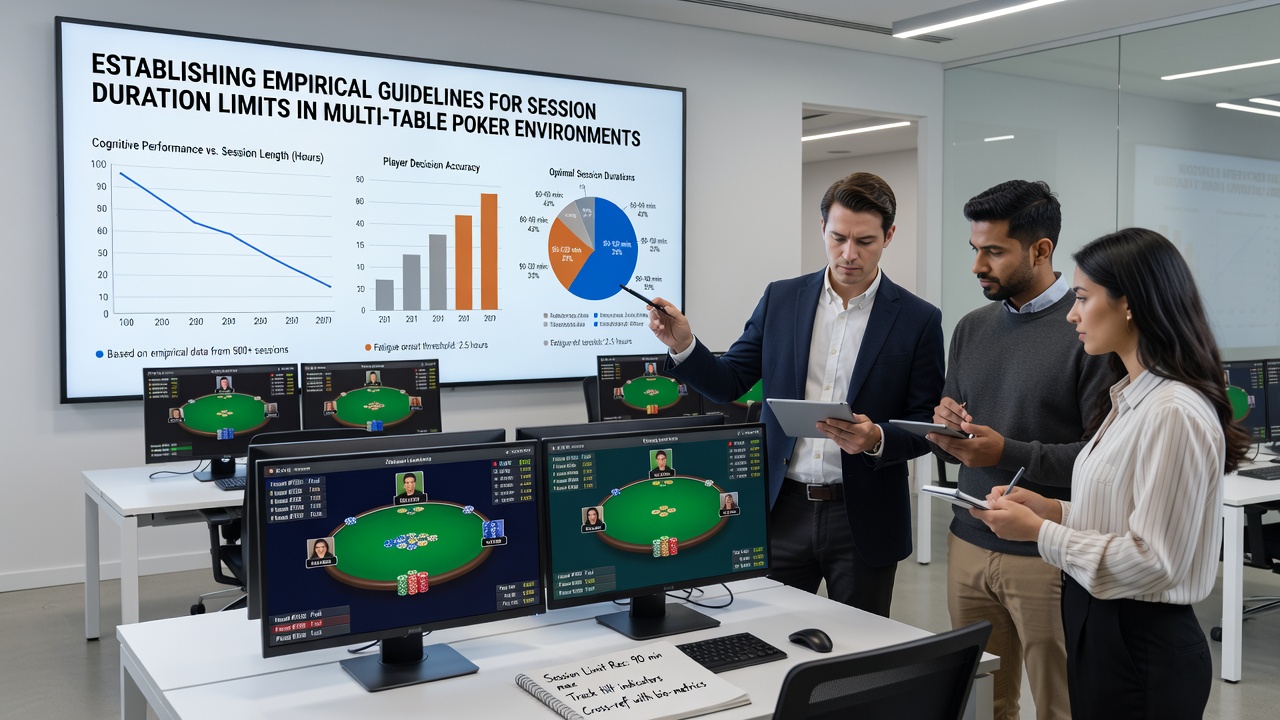 Poker player reviewing session data on a laptop with charts displaying hand volume and win rate trends over time