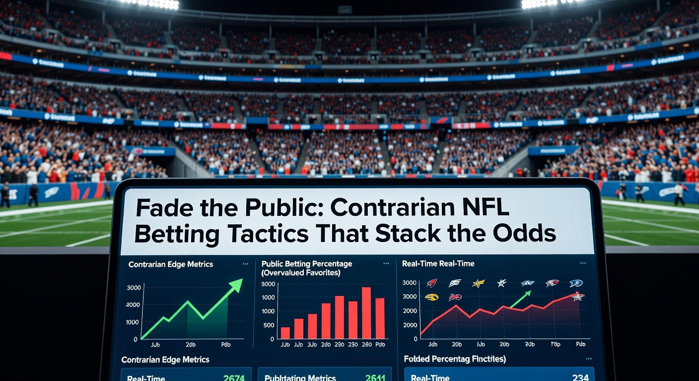 NFL stadium packed with fans cheering, overlaid with betting lines showing heavy public action on favorites