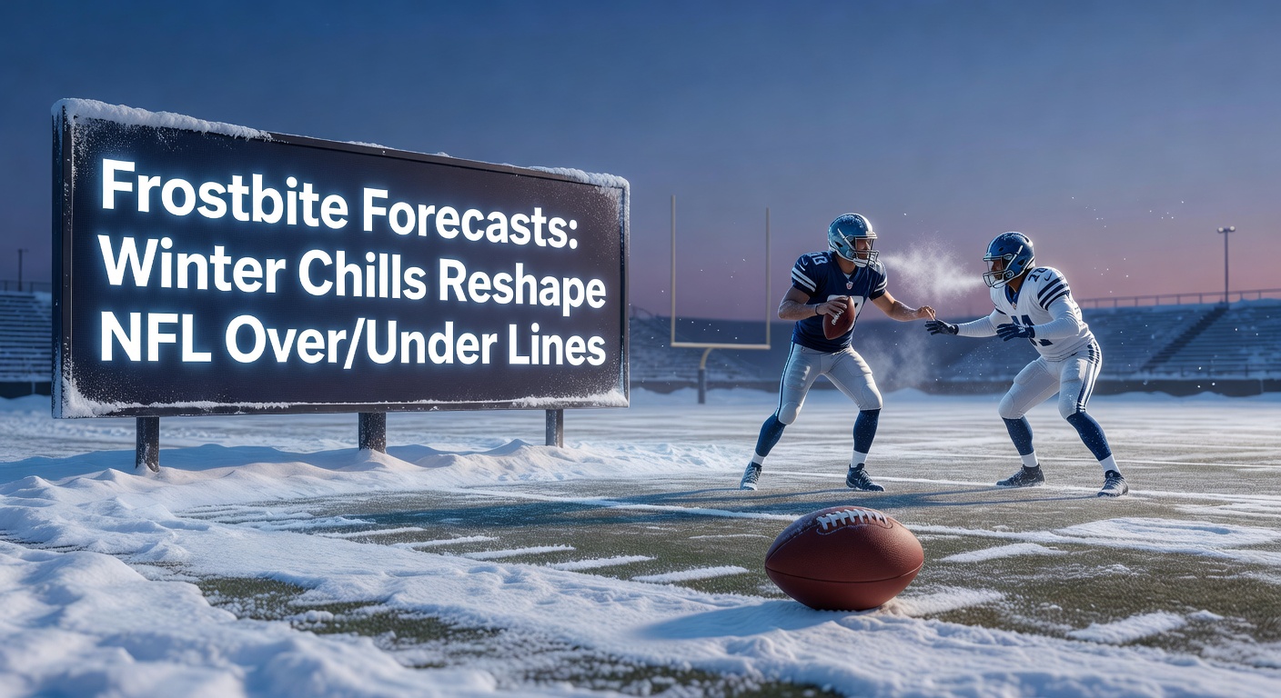 NFL players battling heavy snow during a playoff game, with over/under lines adjusting in real-time due to weather forecasts