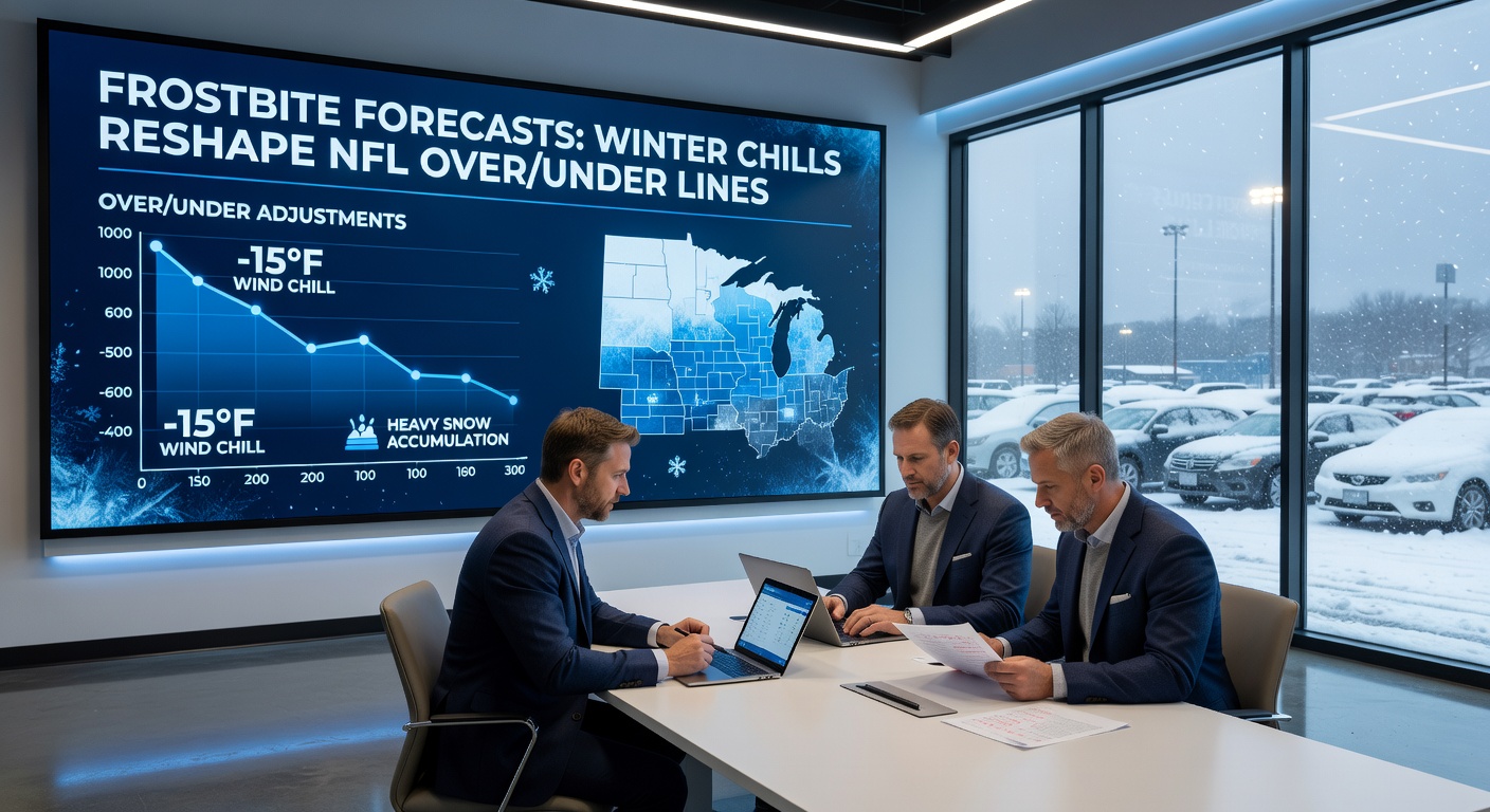 Sportsbook traders monitoring weather radar and adjusting NFL over/under lines on multiple screens during a winter storm warning
