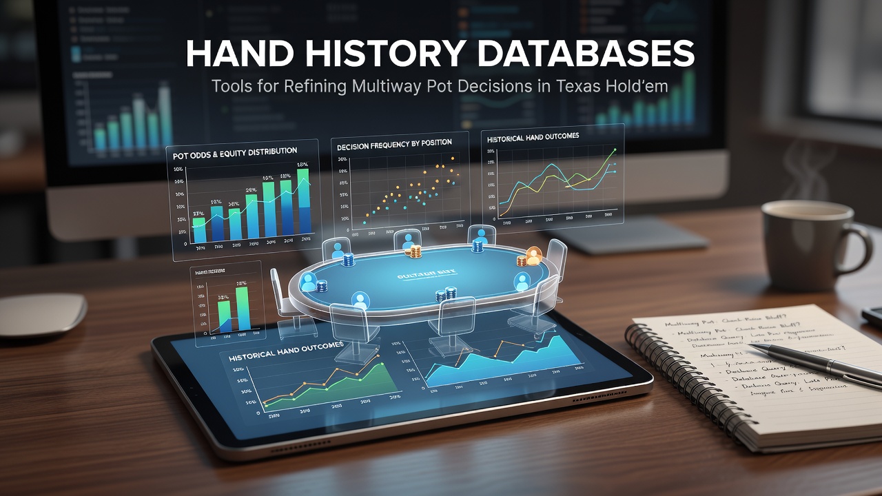 Poker player reviewing hand history data on multiple screens showing Texas Hold'em multiway pot scenarios
