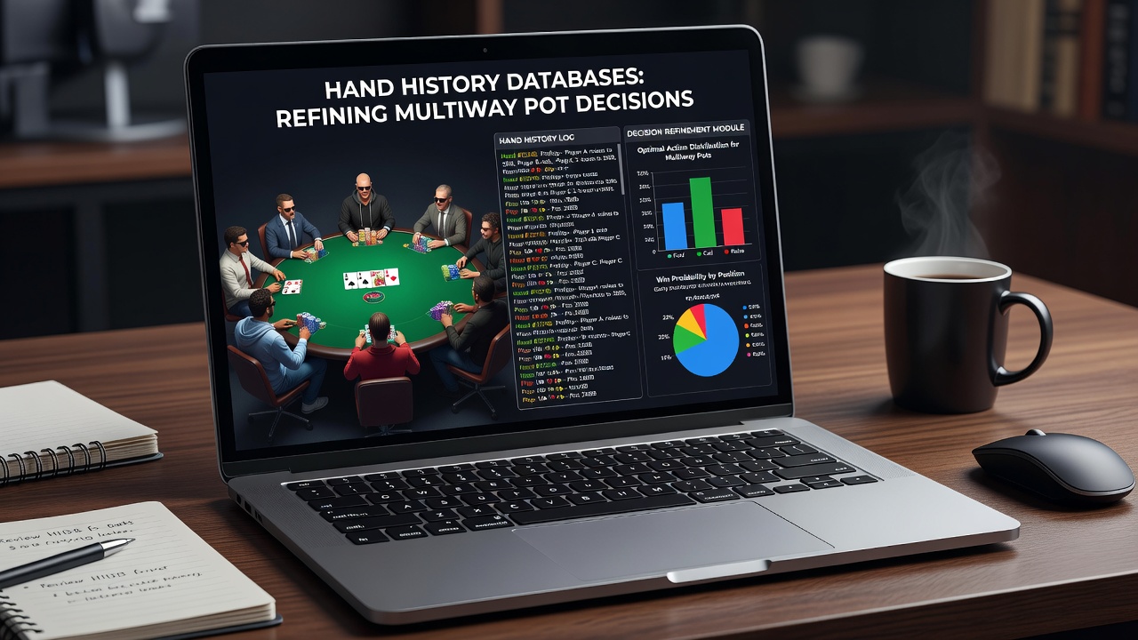 Close-up of poker software interface displaying filtered hand histories for multiway pot analysis