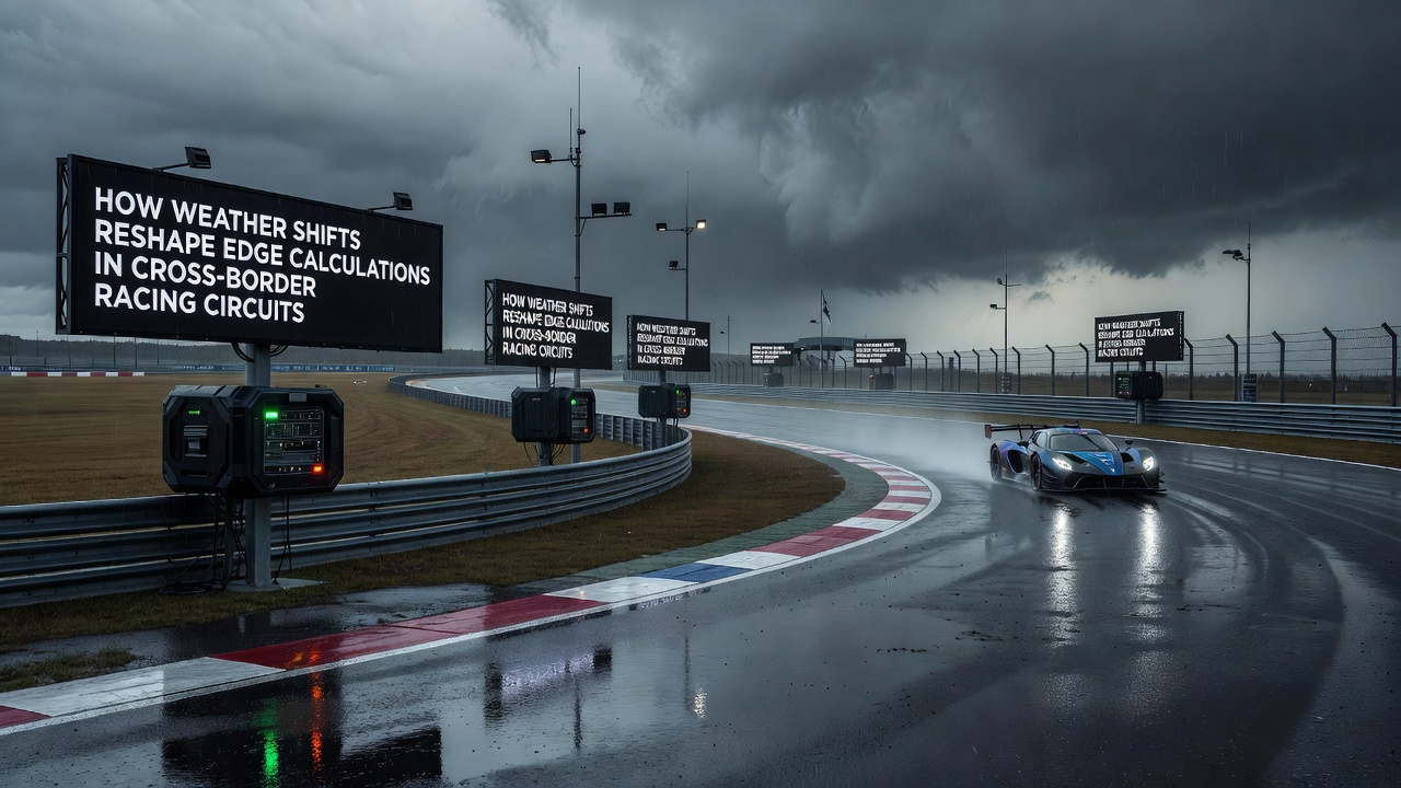 Race analysts reviewing weather-adjusted performance charts for cross-border events