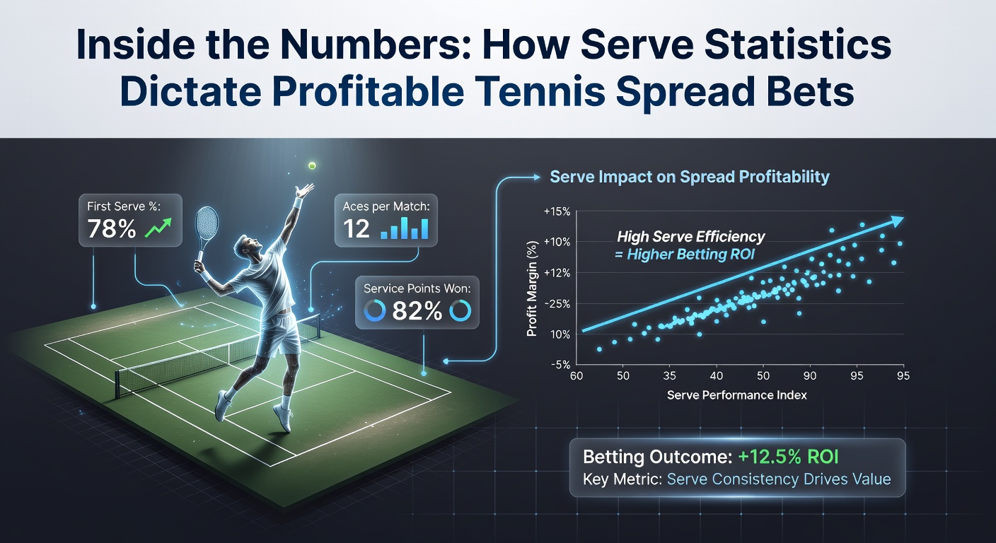 Tennis analytics dashboard displaying serve percentage trends and spread betting lines for an ongoing tournament