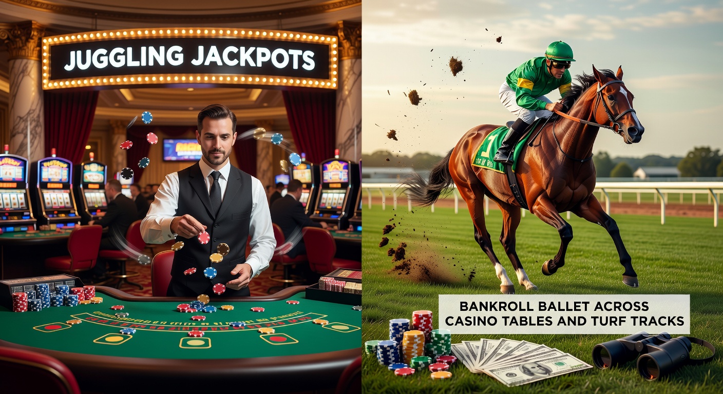 Horse racing action on a sunny track with overlaid casino roulette wheel, illustrating the blend of track betting and table games in bankroll strategies