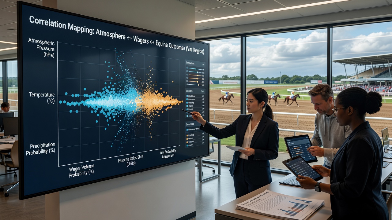 Map overlay displaying atmospheric data points and corresponding betting volume changes at major equine events worldwide