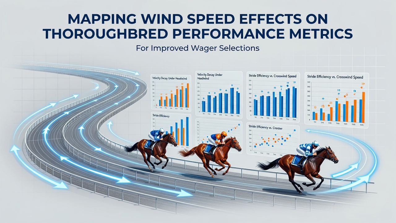 Thoroughbred racehorses navigating a windy track during a competitive event