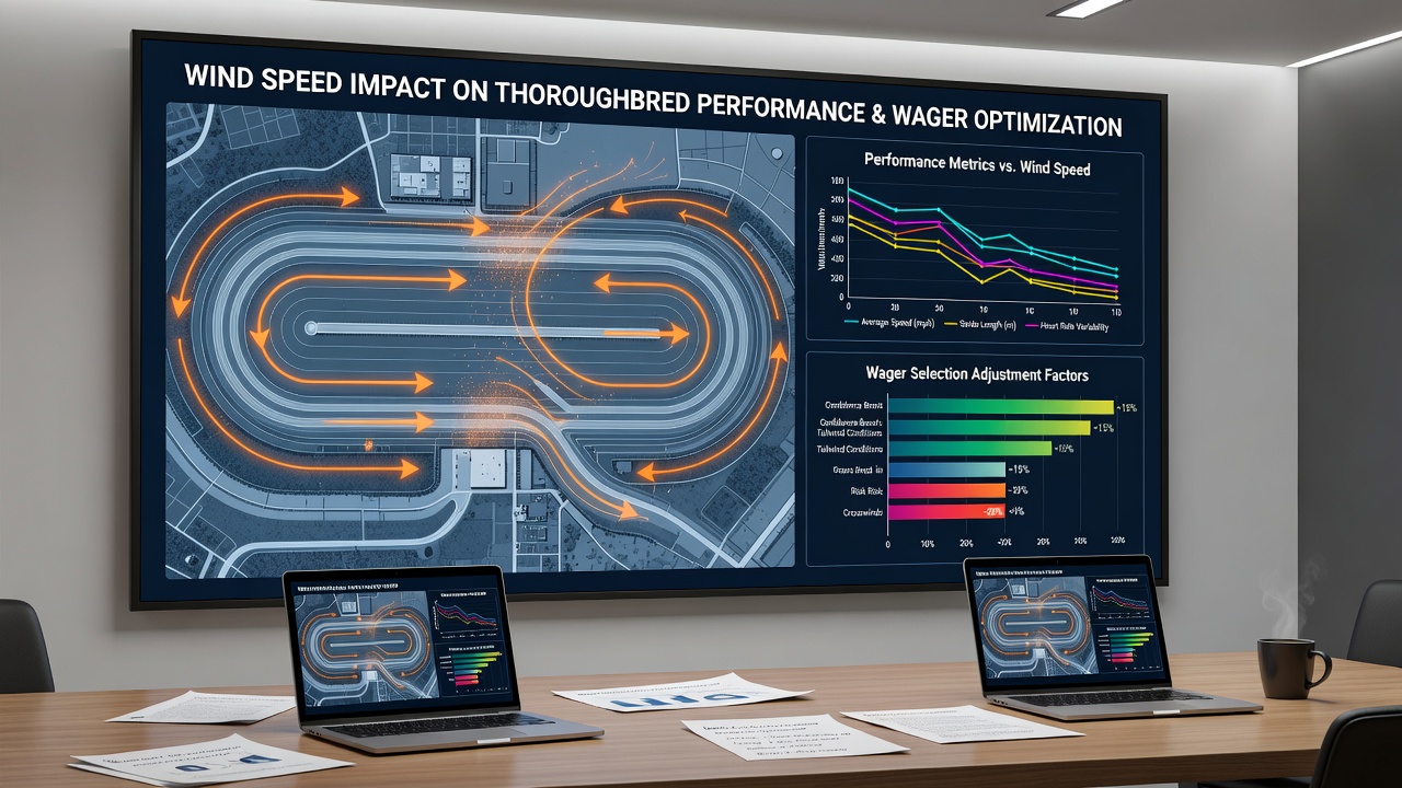 Detailed wind mapping chart overlaid on a thoroughbred racetrack layout showing performance impact zones