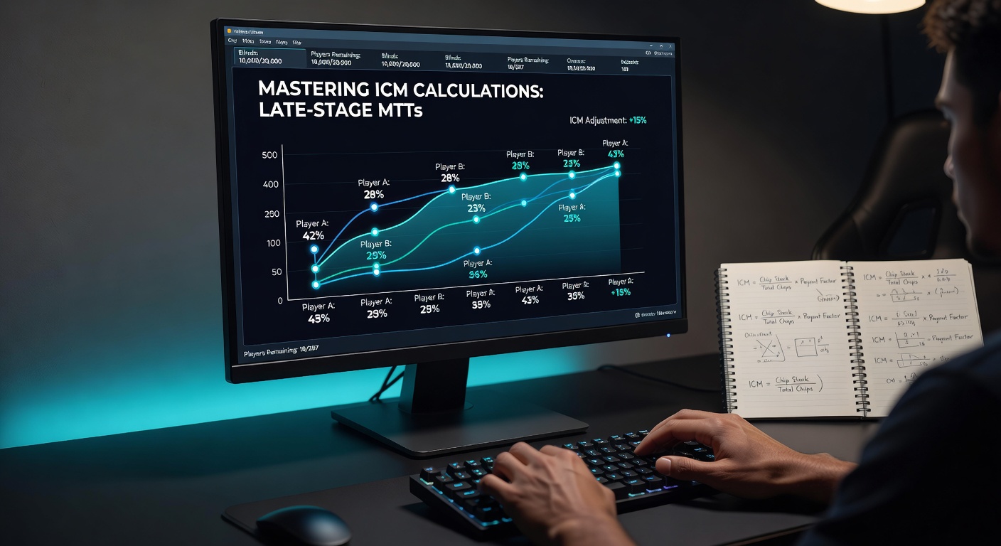 Poker player analyzing chip stacks and ICM calculations on a laptop during an online multi-table tournament final table