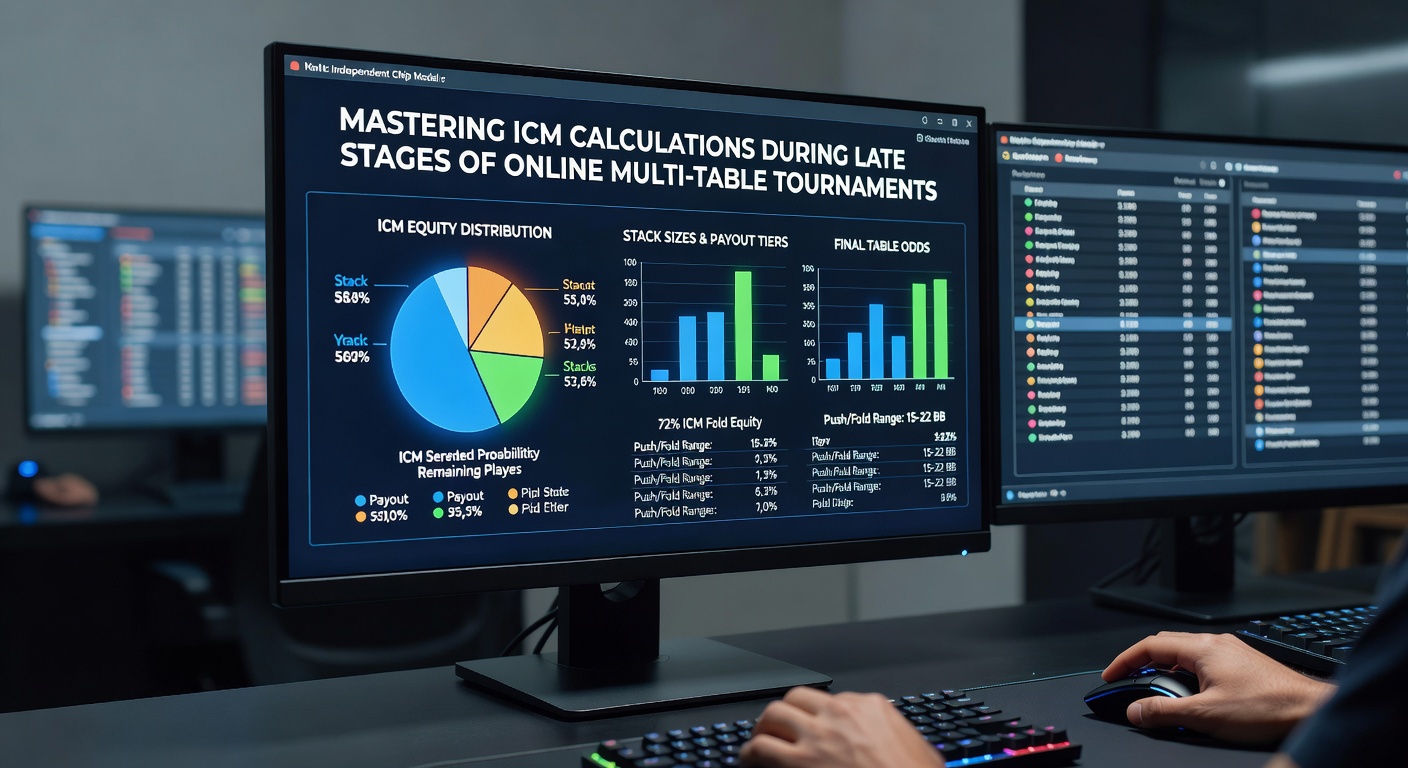 Close-up view of tournament software displaying ICM values and stack distributions in an online poker final table