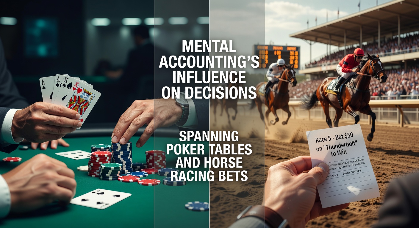 Poker chips and racing form sheets spread across a table illustrating mental accounting in gambling decisions
