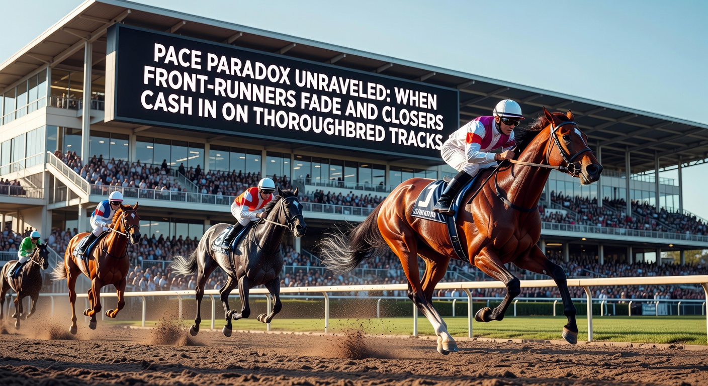 A field of thoroughbreds thundering down the stretch, with a front-runner tiring visibly as closers charge from behind on a sunlit track