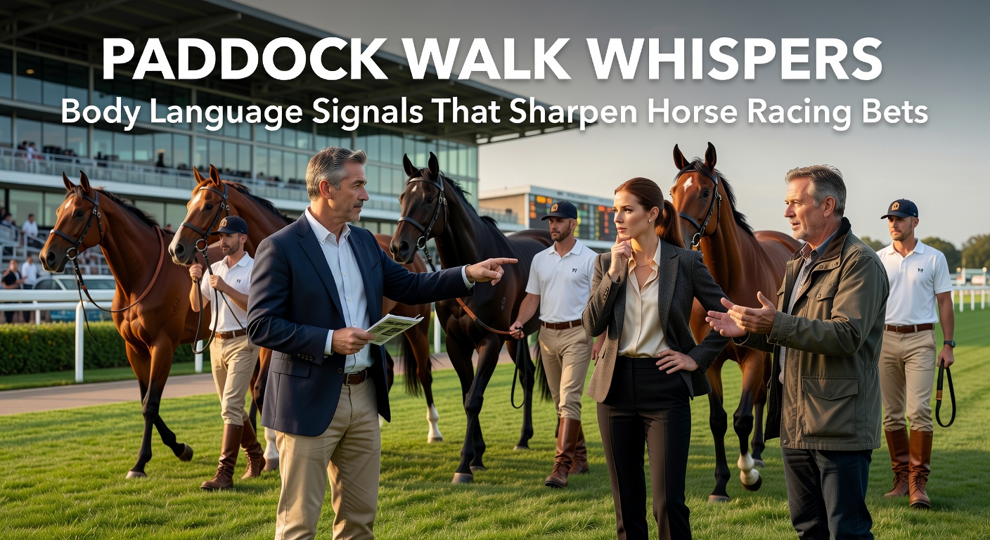 Horses parading in the paddock before a major race, trainers observing closely as subtle cues emerge
