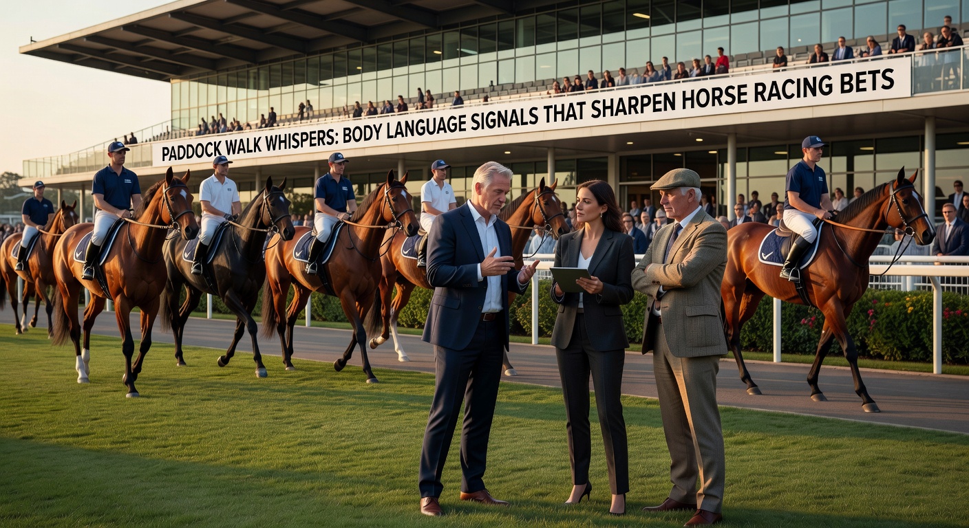 Close-up of a trainer's tense expression and a horse's alert ears during paddock inspection, highlighting human-animal interplay