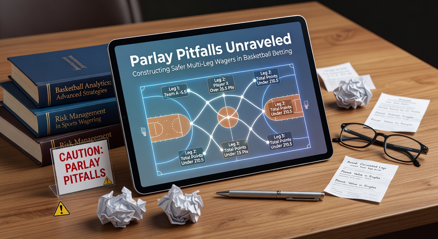 Dynamic basketball court scene with overlaid parlay bet graphics illustrating multi-leg wager combinations during an intense NBA game