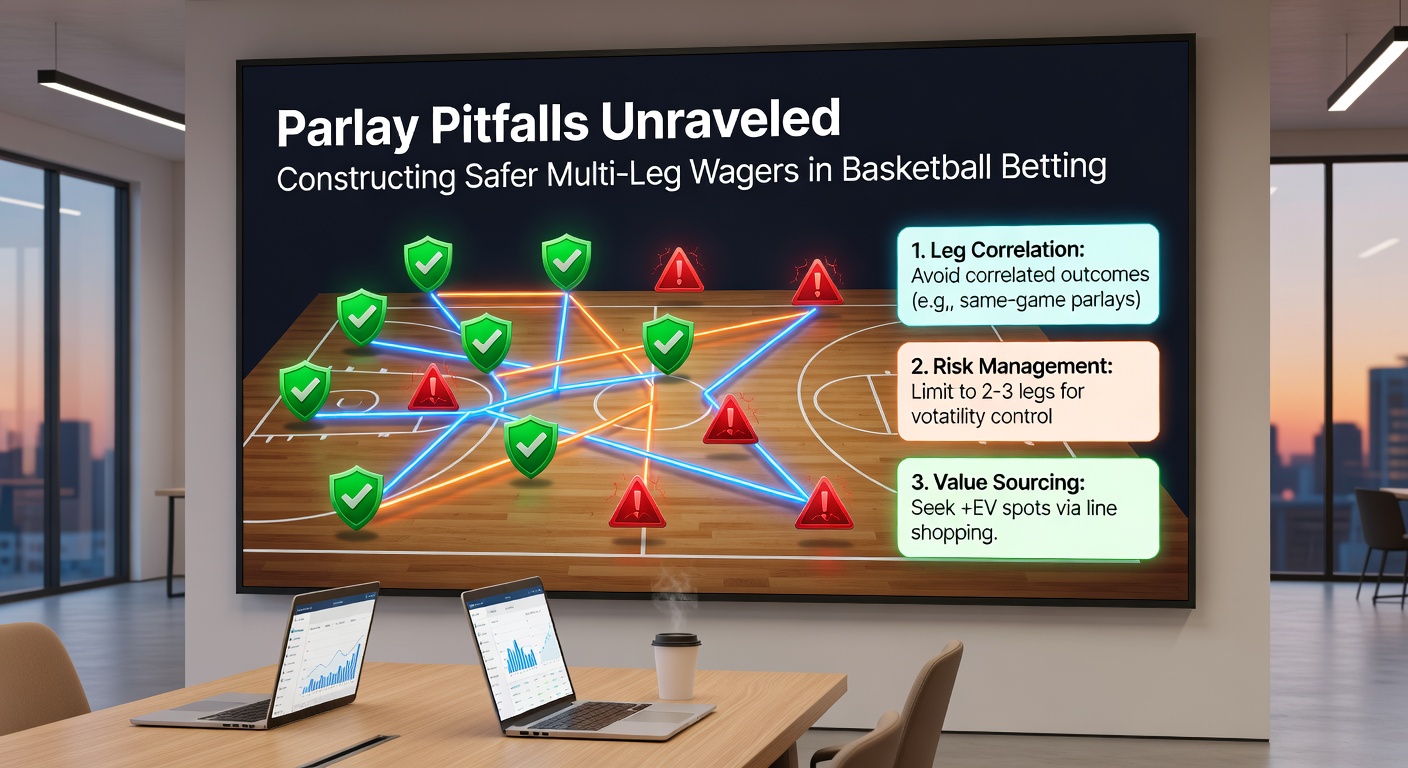 Close-up analysis of a basketball parlay ticket with highlighted safer strategies, showing line shopping and correlated bet adjustments on a sportsbook app