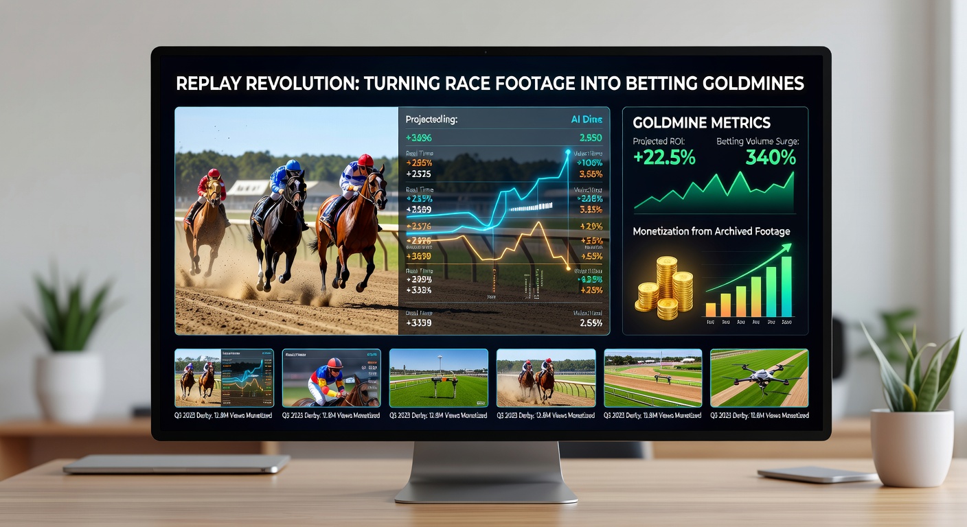 Close-up of a horse race replay with overlaid graphics showing pace lines, ground loss, and bias indicators