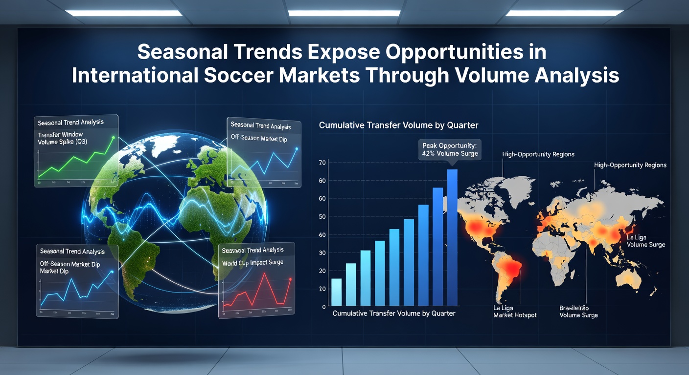 Soccer stadium with betting volume charts overlay showing seasonal market activity