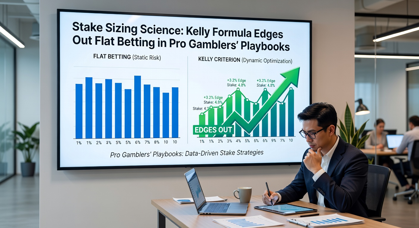Illustration of a professional gambler at a desk with charts, calculator, and bankroll graphs displaying Kelly formula applications in sports betting