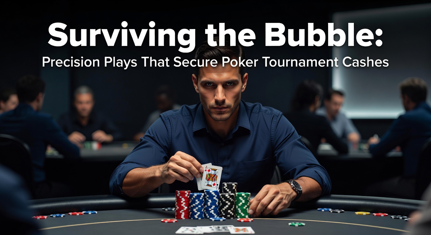 Intense poker tournament scene with players deep in concentration during the bubble phase, stacks varying from towering to precarious