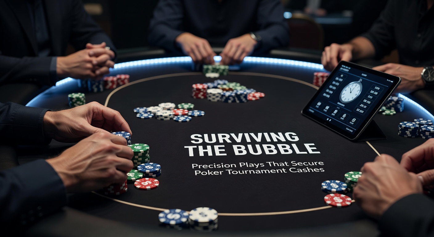 Close-up of a poker player pondering a critical bubble decision, chips stacked high amid tense opponents