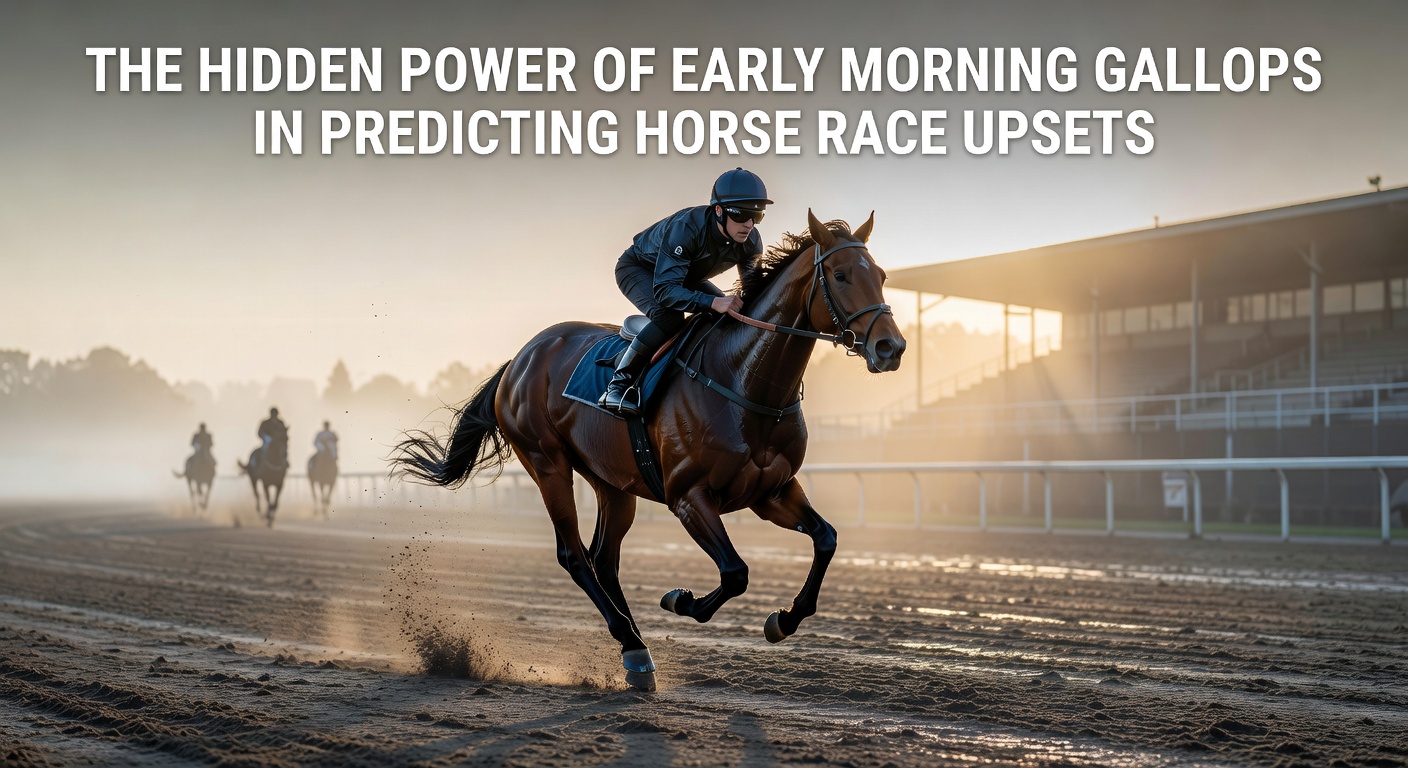 A horse galloping at dawn on a misty training track, with trainer and observers watching closely