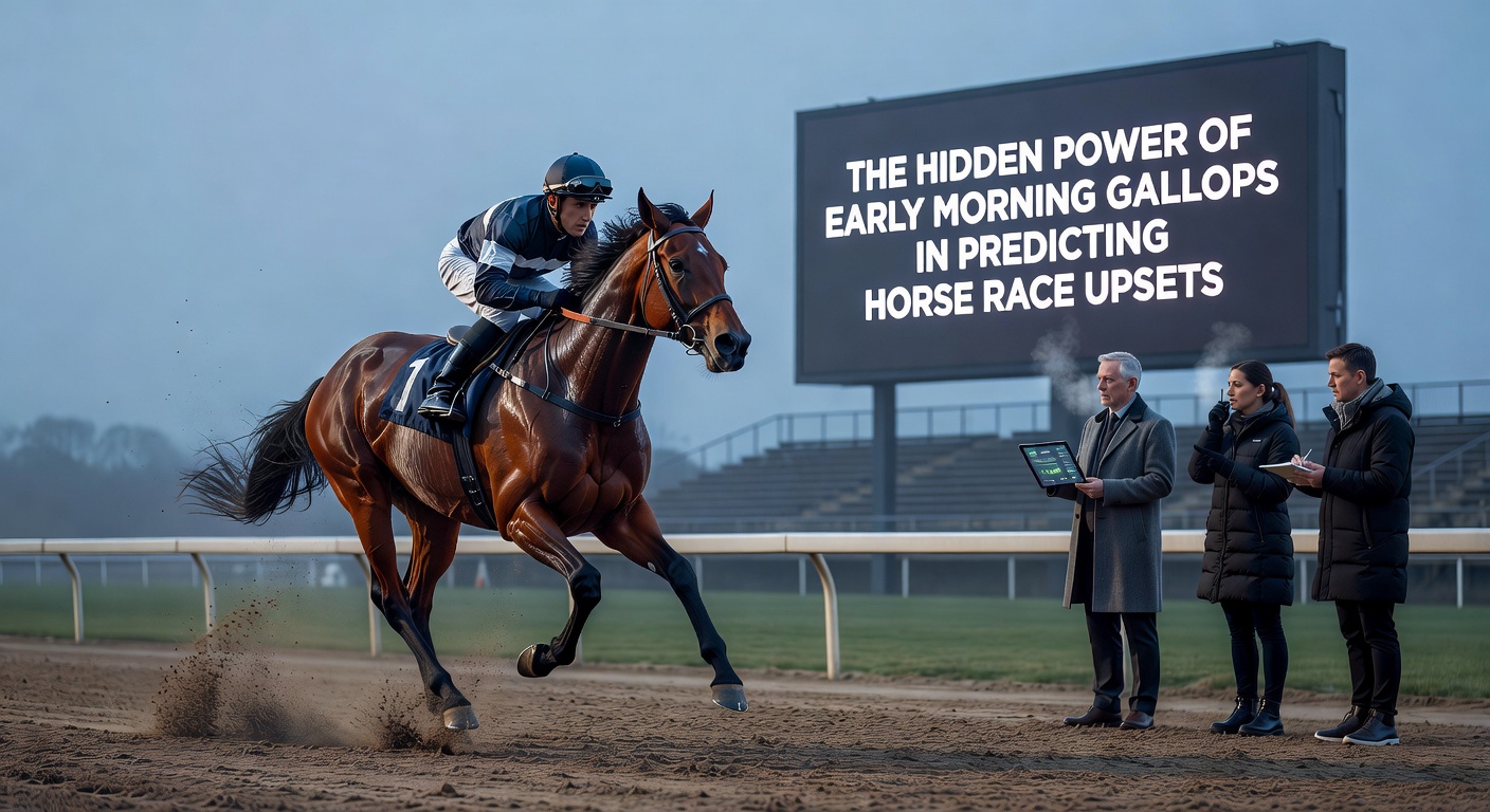 Close-up of a sleek thoroughbred in full gallop during morning training, sweat glistening, jockey urging it on