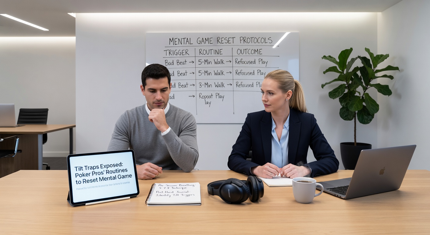 Poker pro stepping away from the table for a walk in a casino hallway, headphones on, practicing a mental reset routine amid neon lights