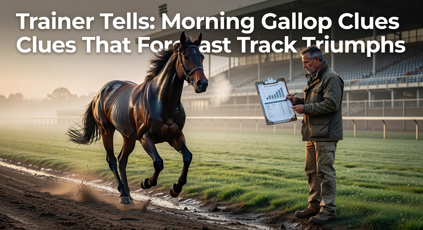 A string of thoroughbreds in full morning gallop stride under trainer supervision at dawn, steam rising from their coats