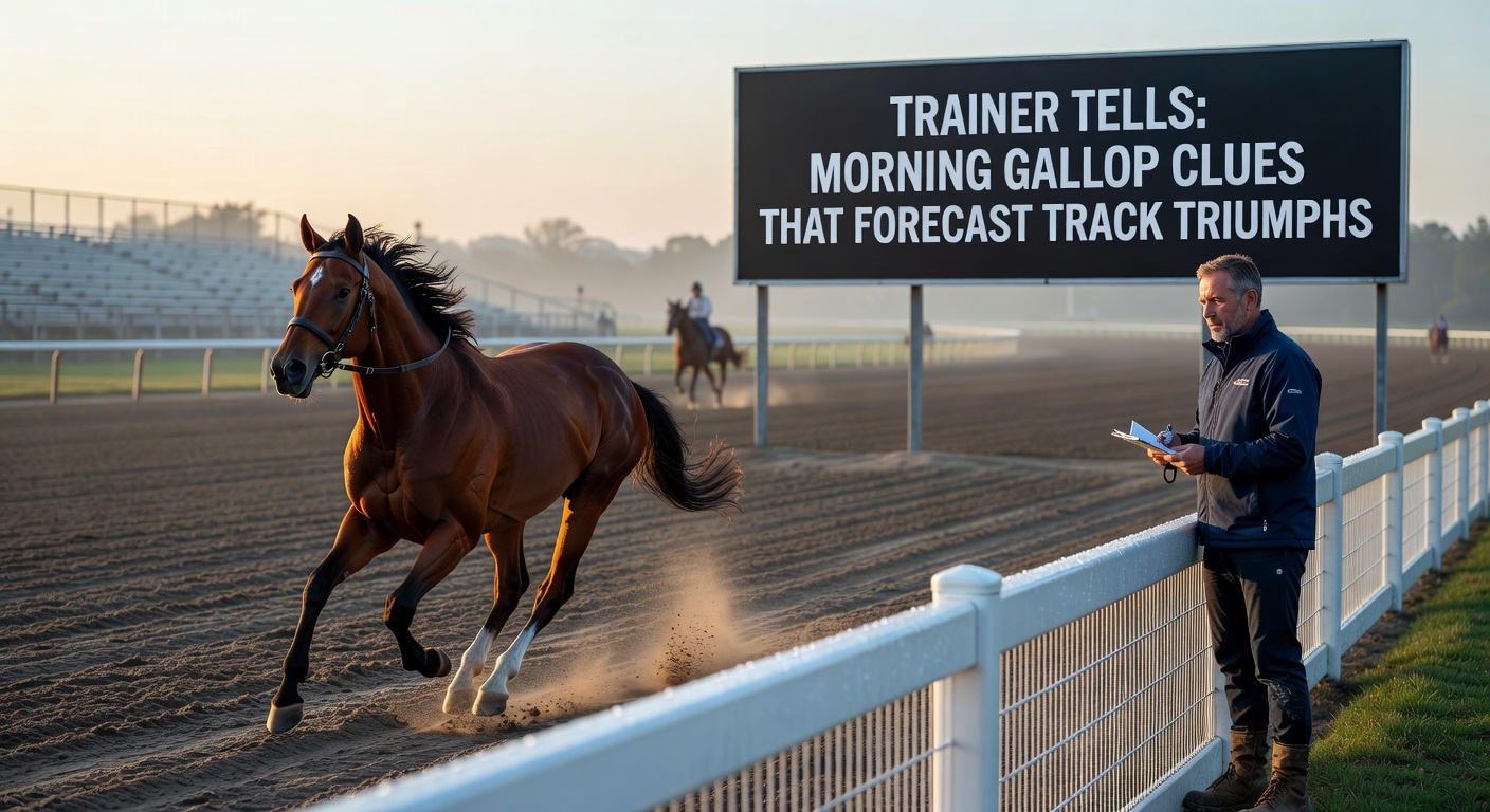 Close-up of a trainer clocking a horse's morning gallop with stopwatch in hand, rider urging the colt forward on a misty track