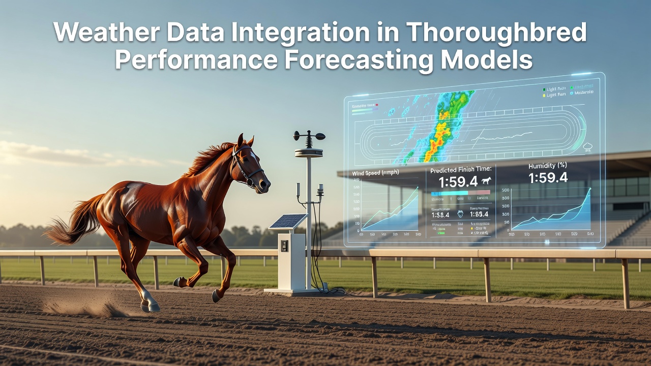 Thoroughbred horses racing on a track under varying weather conditions with data overlays