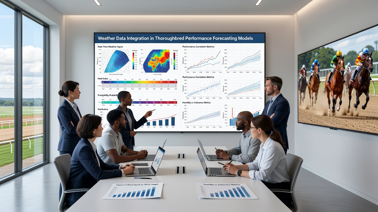 Data scientists analyzing weather and performance metrics on multiple screens in a racing analytics lab