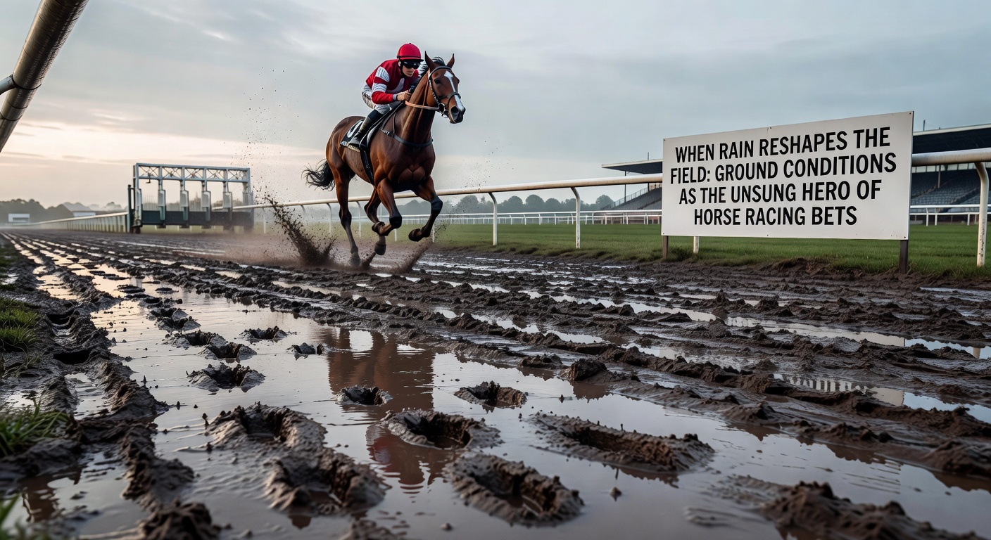 A horse racing track turned muddy after heavy rain, with jockeys navigating teh challenging terrain during a race