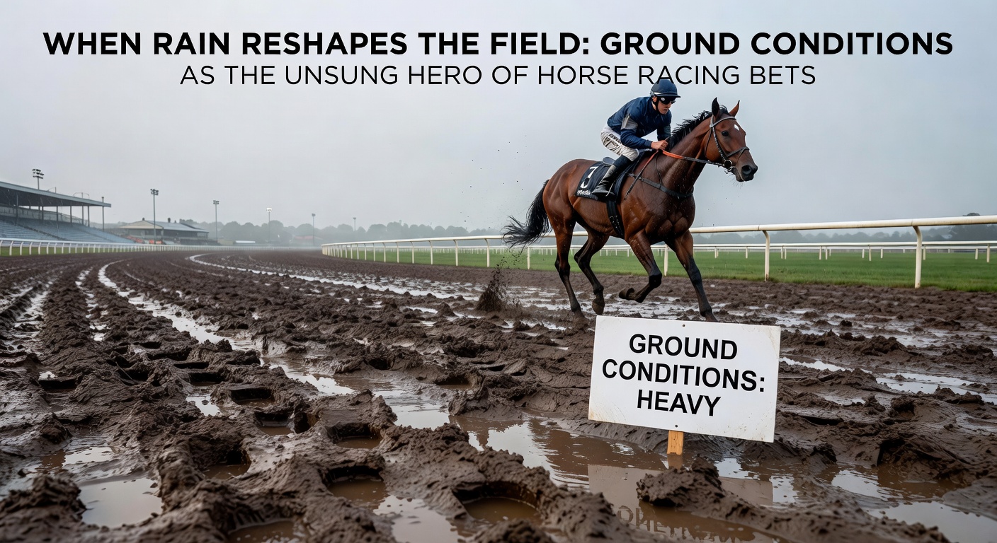 Jockeys and horses splashing through a rain-soaked racecourse, highlighting the dramatic impact of wet conditions on speed and strategy