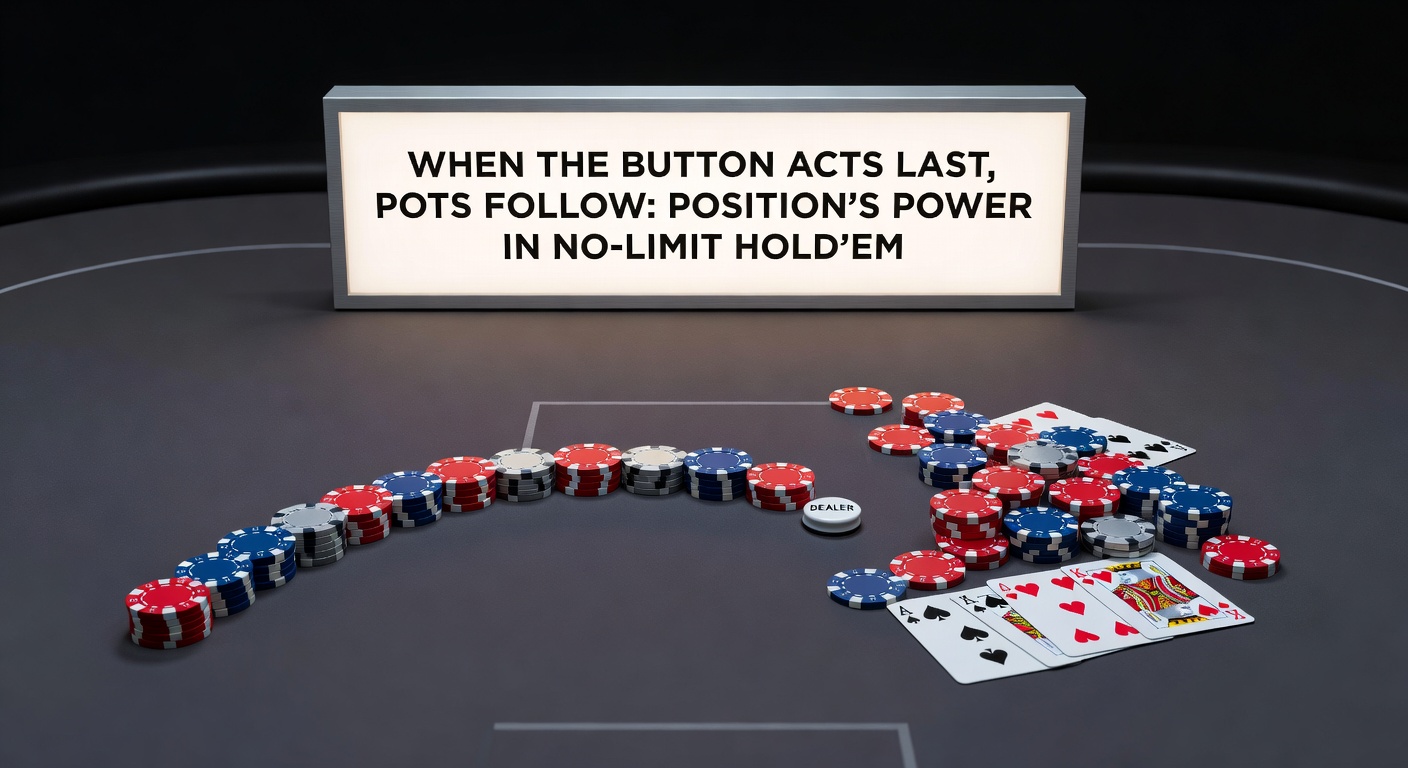 Close-up of a poker table highlighting the dealer button position, chips stacked high in the center pot