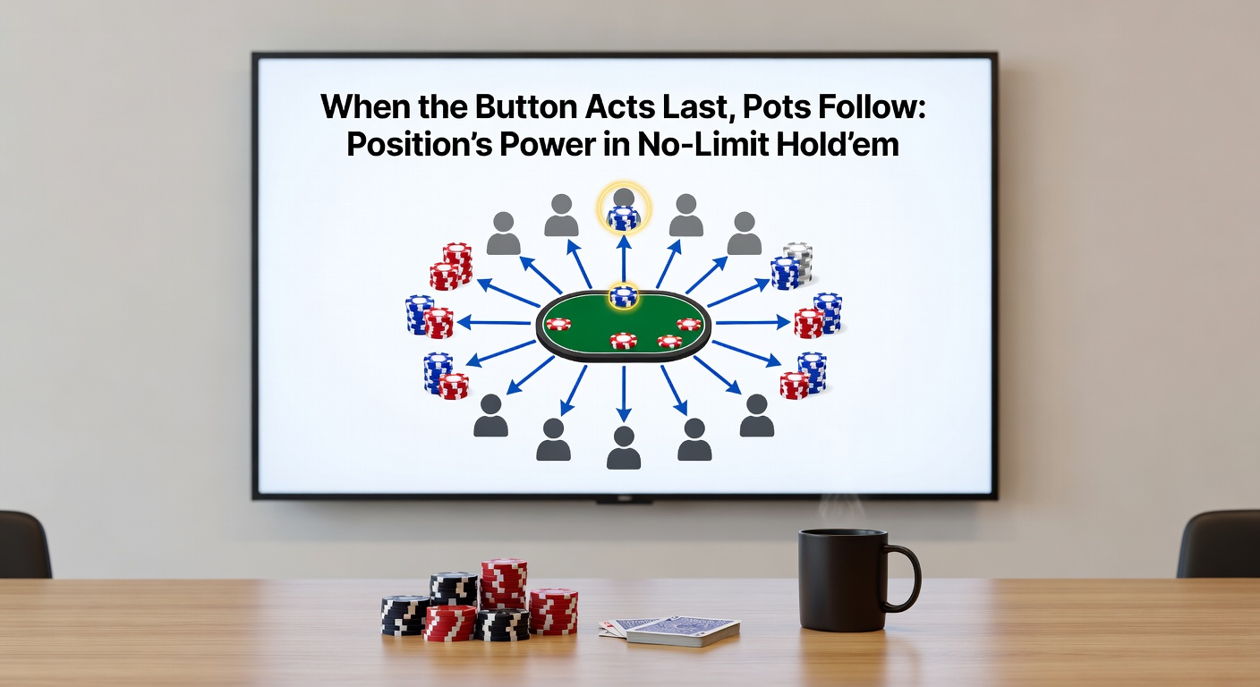 Poker player on the button contemplating a large pot, opponents folding around the table